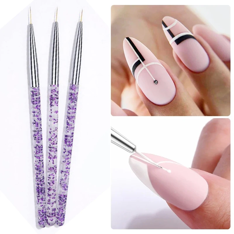 Caneta listra francesa acrílica, 3 pcs/set, para a arte do prego, dicas 3d, manicure, magro, desenho, escovas de gel UV, ferramentas de pintura