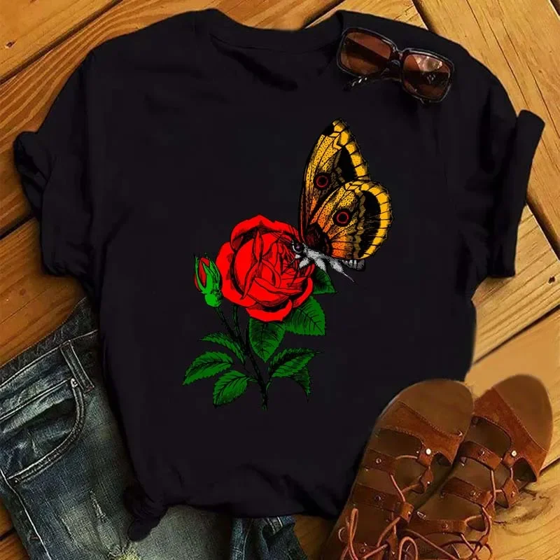 

Women Flower Butterfly Fashion Print T Shirt Casual Short Sleeve Ladies T Tee Female Top Shirt Clothes Womens Graphic T-shirt