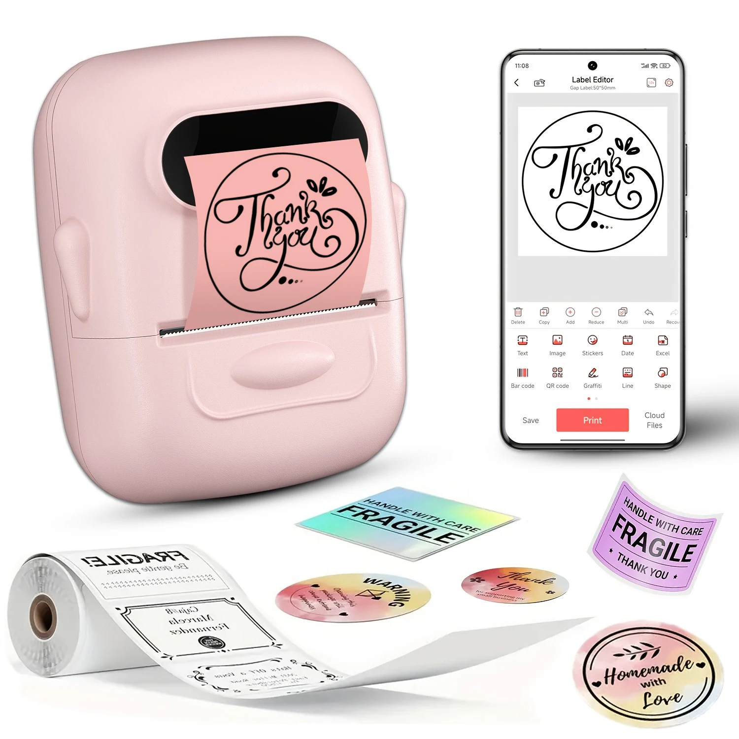 Marklife Protable Thermodrucker P50, Bluetooth, kabellos, selbstklebend, Druckermaschine für Büro, Schule, Küche, Zuhause