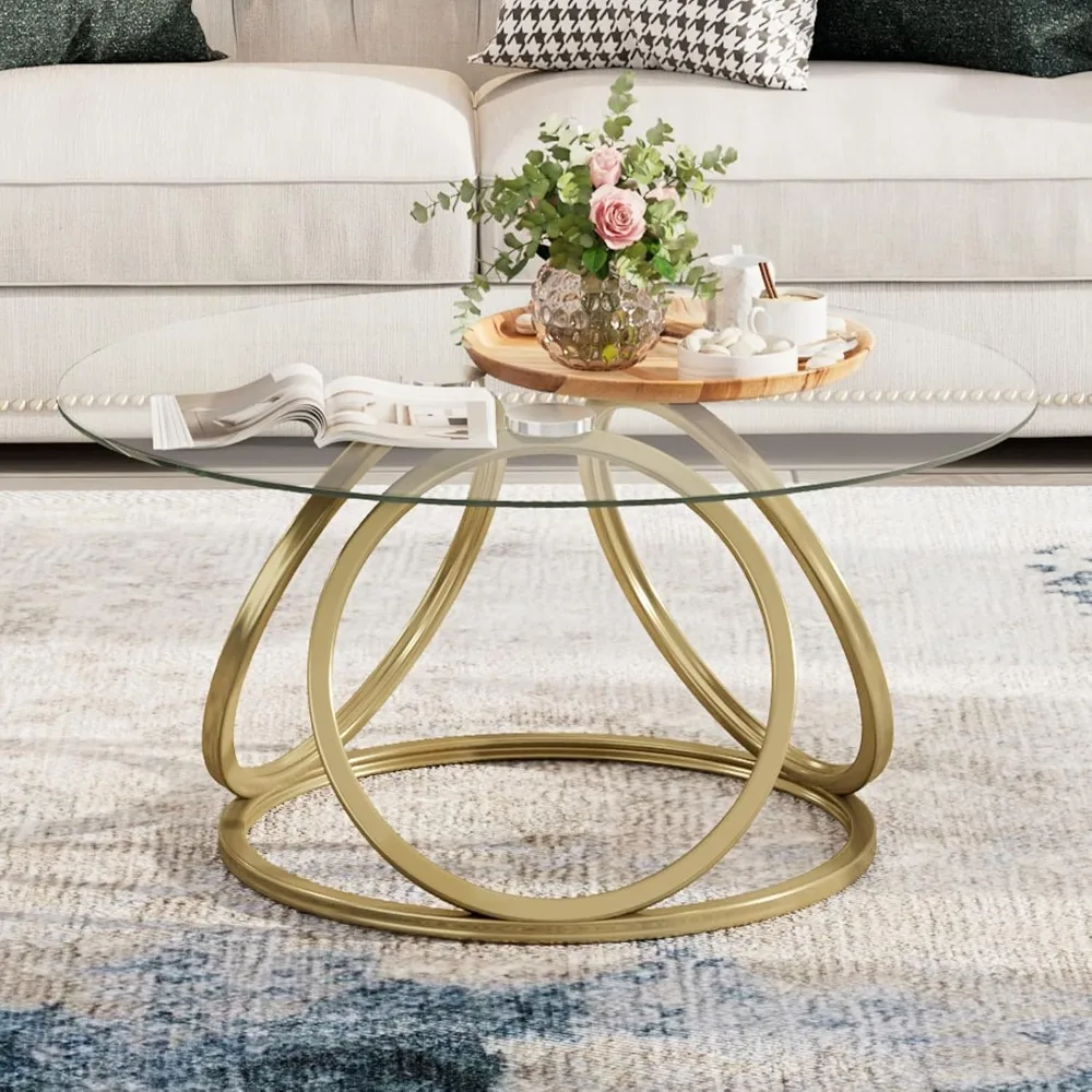 Gold Coffee Table, Modern Round Glass Coffee Table for Living Room with Ring-Shaped Frames, Gold Glass Table for Home&Office