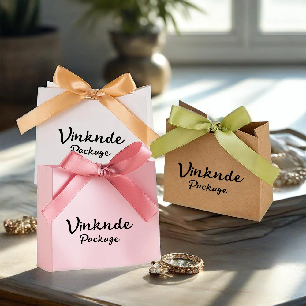 

Custom Logo Kraft Paper Gift Bow Ribbon Boxes Wedding Candy Cake Birthday Party Favors Packaging Small DIY Cardboard Organizer