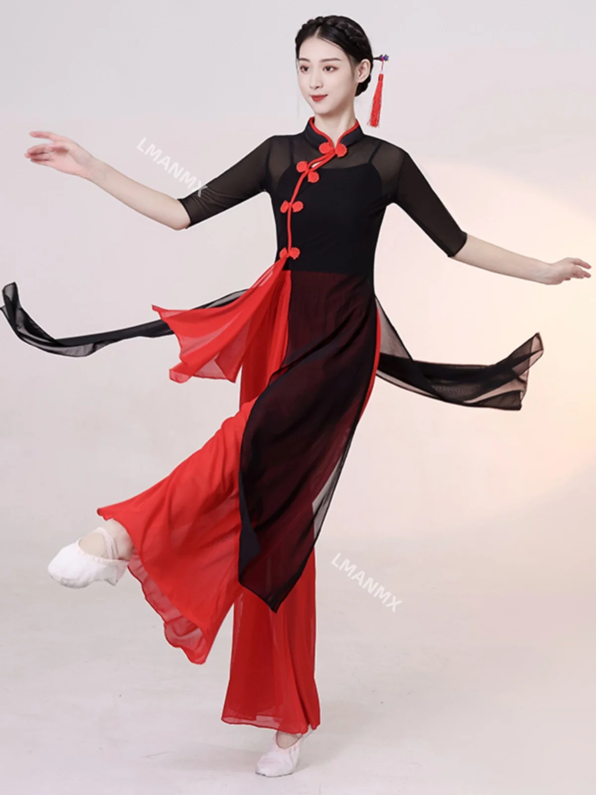 Chinese style cheongsam elegant women's classical dance elastic gauze clothing ethnic style black slanted collar dance uniform