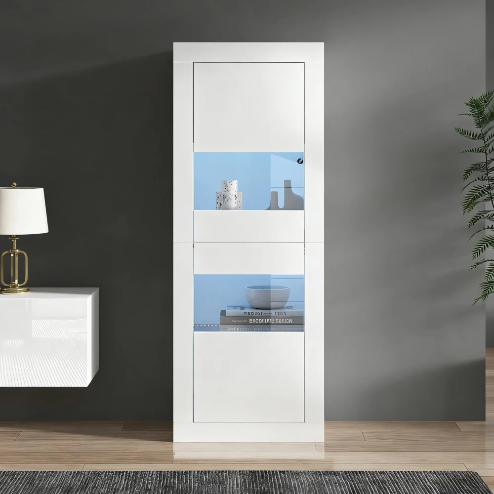 Vitrine blanche avec éclairage LED, 1 plan de présentation en verre, 61*42*162 cm, vitrine, vitrine autoportante, armoire haute, armoire de rangement.