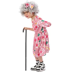 Umorden Old Timer Child Old Lady Woman Costume Cosplay Girls Grandma Granny Pink Flower Dress Wig Cane 3-12Y 100 Days Of School