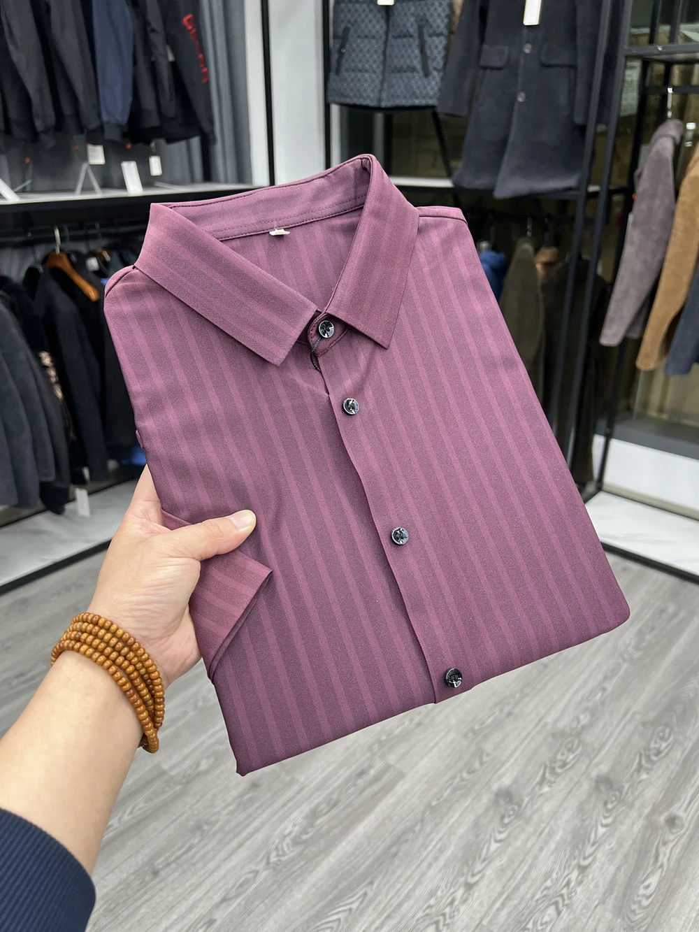 

Casual Summer Thin Short Sleeve Shirt Elastic Half Sleeve Base Shirt Striped Ice Sensation Standard Fit Polyester Lyocell Cot...