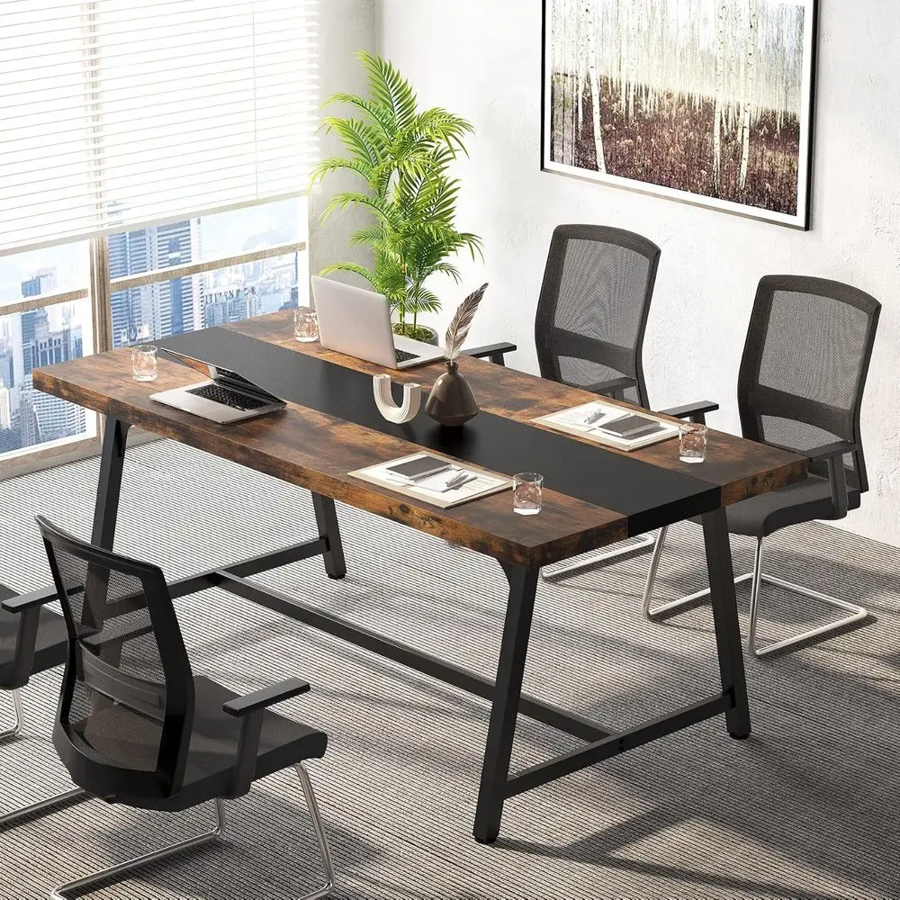 6T RecConerence Table, 70.87L x 33.46W x 29.92H Inches Meeting Table or Conerence Room, Wood Oice Executive Desk with Strong Met