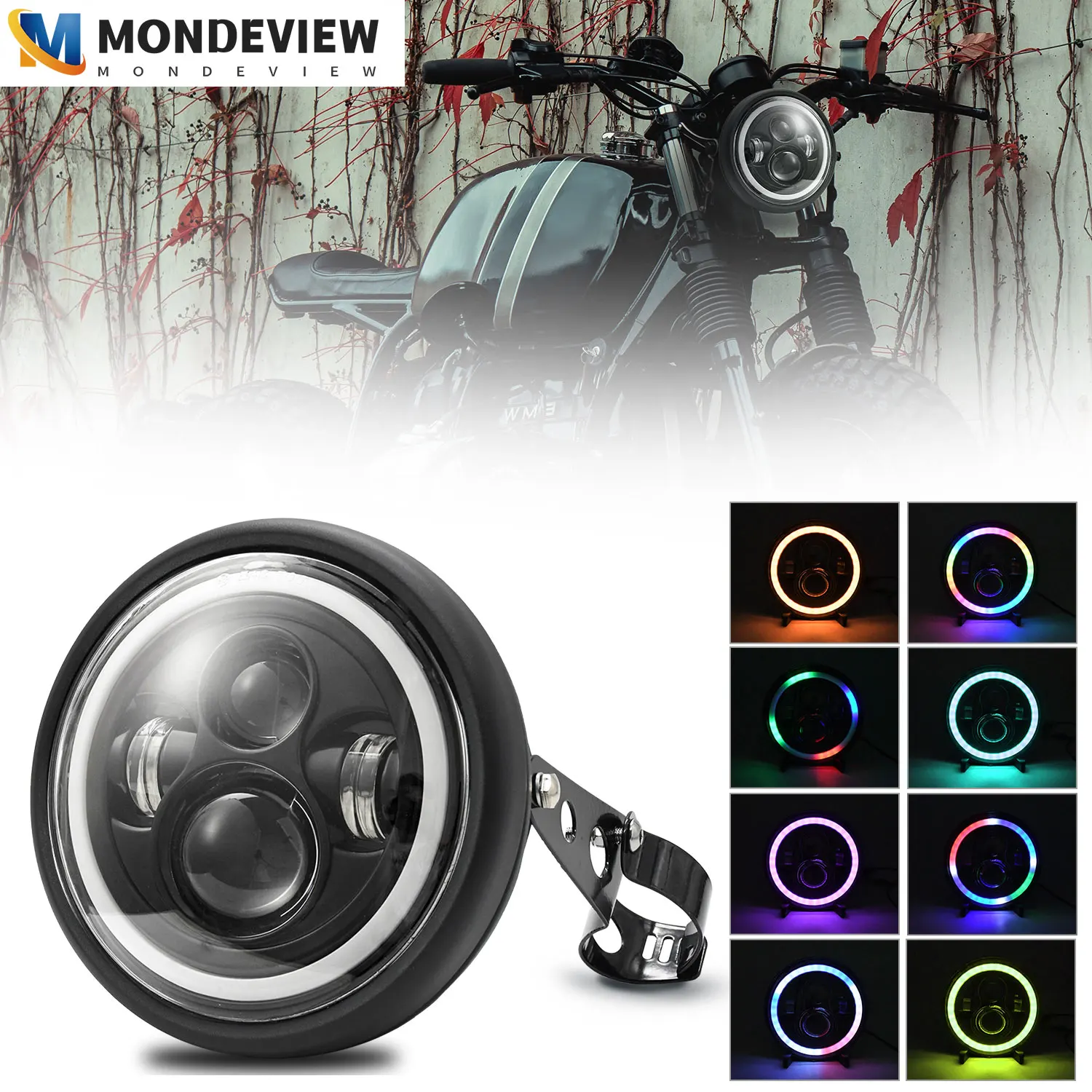 

MONDEVIEW 7-inch built-in lampshade full circle color Harley headlights 170W 6000K 17000LM high brightness running lights