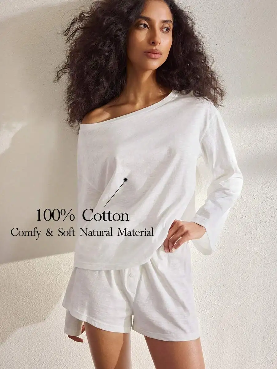 

Women 2pcs Soft Cotton Long Sleeve Pajama Set With Button Shorts Comfortable Loungewear