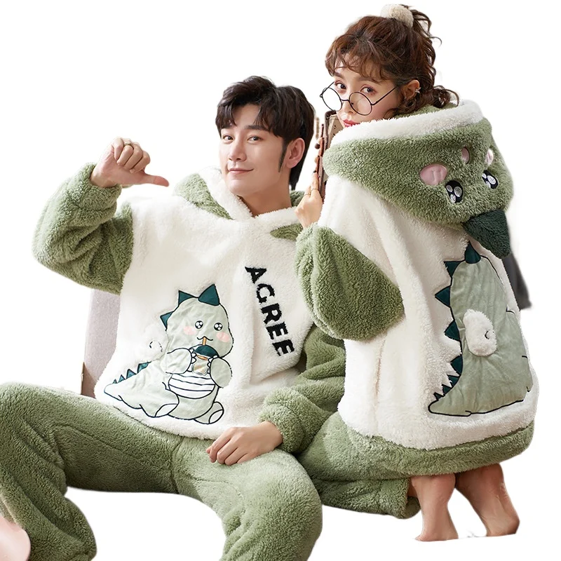 

2024 Winter Couple Pajamas for Men and Women Thicken Velvet Cute Dinosaur Men's Home Underwear Clothing Two-piece Sleepwear Suit