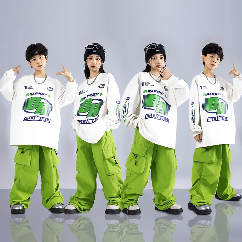 Kids Hip Hop Performance Costumes, Boys' Dance Performances, Student Sports, Loose Girls, White Long Sleeve Top, Green Trousers