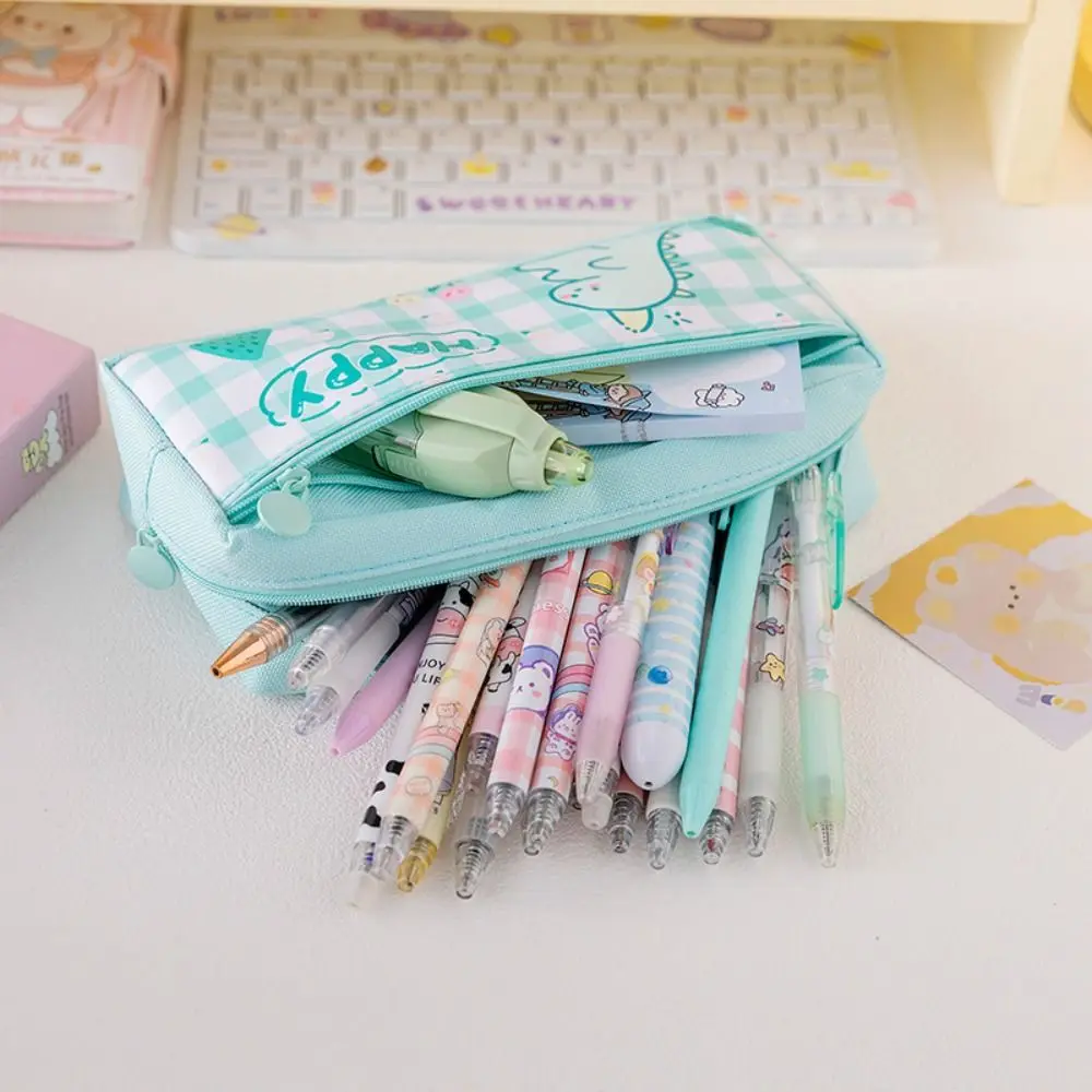 Desktop Storage Cartoon Plaid Pencil Bag Stationery Holder Korean Style Pencil Storage Bag Large Capacity Zipper