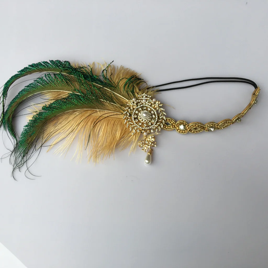 Gatsby Feather Headband for Woman Shiny Rhinestone Gold Beaded 1920s Gatsby Inspired Leaf Medallion Headband Forehead Decoration