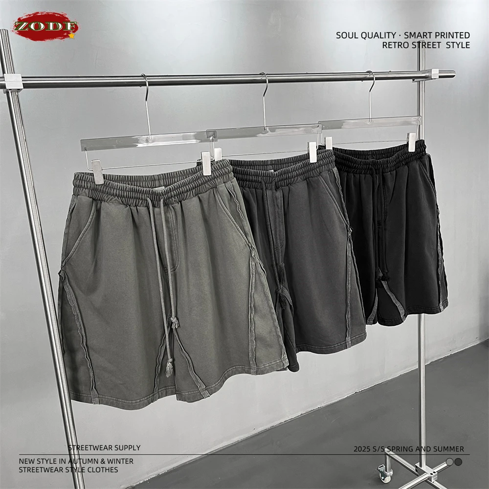 

ZODF 2025 Men Summer 400gsm Cotton Shorts Unisex High Street Loose Patchwork Distressed Solid Shorts Brand Clothing HY1072