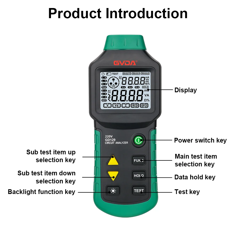 GVDA Digital Circuit Analyzer Electrical Socket Tester Line Fault Test Device LCD Backlight Short Circuit Finder RCD GFCI Tester