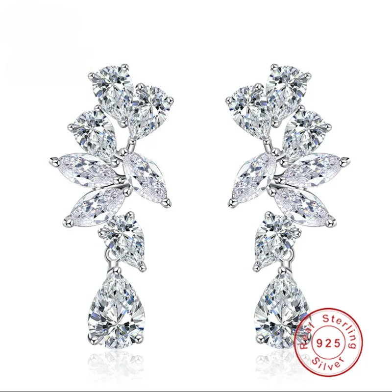14K White Gold Vintage Dubai Diamond Dangle Earring Wedding Drop Earrings for Women Bridal Promise Engagement Party Jewelry Gift
