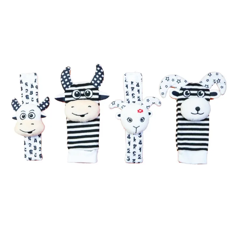 Meias animais dos desenhos animados do bebê, Ovelha vaca, Bonito sino calmante meias, Conjunto de sino de pulso Brinquedo de pelúcia sensorial macio