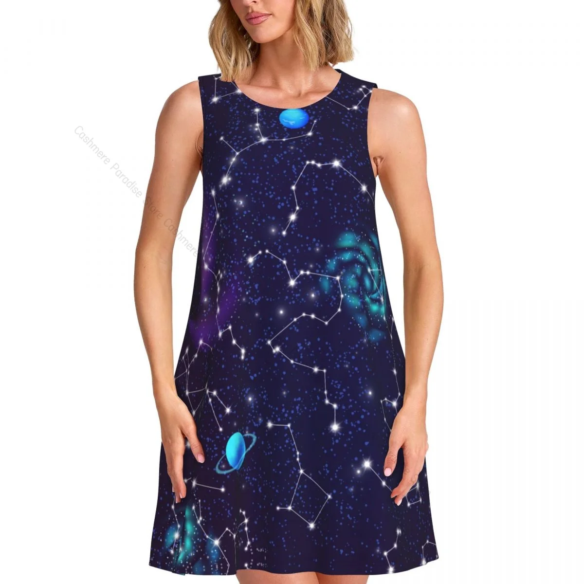 Women's Dress Constellation Universe Summer Casual T Shirt Dresses Beach Cover up Tank Dress