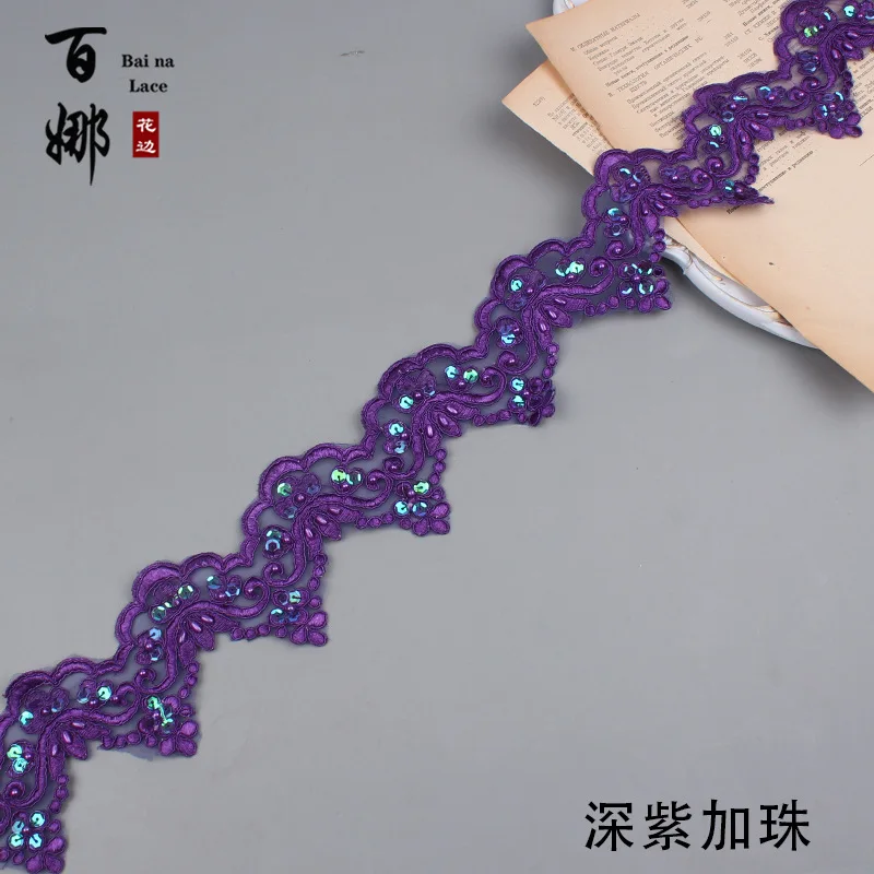 1 Yard 9cm wide Purple Beaded Cording Fabric Flower Venise Venice Mesh Lace Trim Applique Sewing Craft For Bride Wedding Dresses