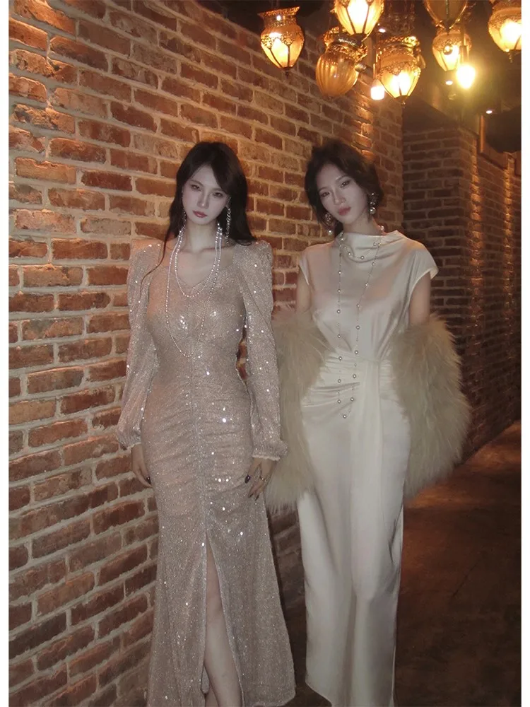 หรูหราเบาและอุตสาหกรรมหนักปักเลื่อมหางปลาชุดเดรสแขนยาวหรูหรา