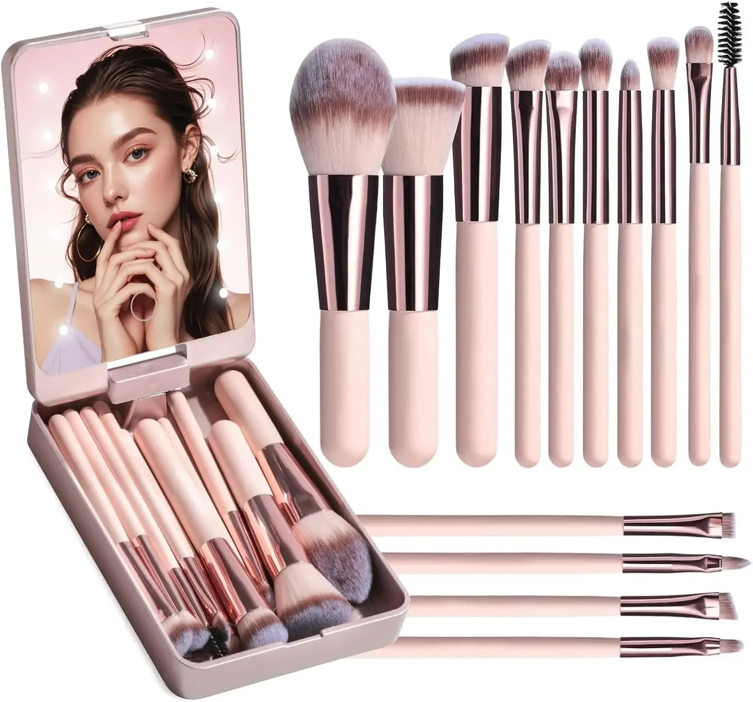 Set de viaje de brochas de maquillaje: 14 brochas de cerdas suaves espejo, luz LED y estuche porttil