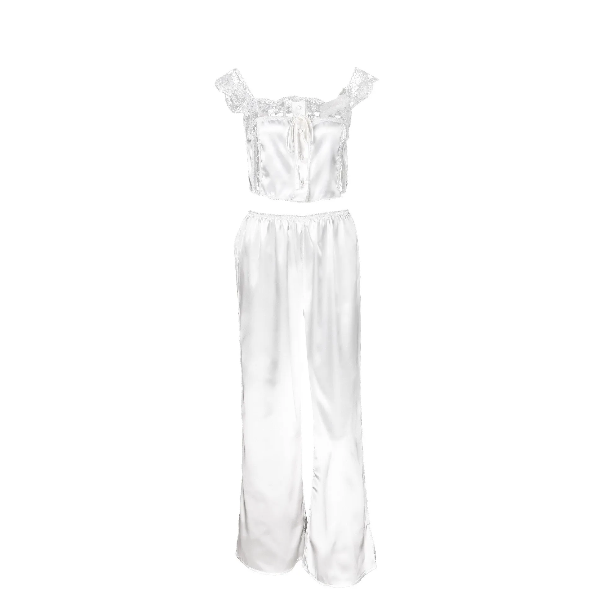 Summer Women Pajama Sleeveless Crop Top Lace Trim Loungewear Set Wide Leg Pants High Waist Sleepwear Set Solid White Bridal - view 5