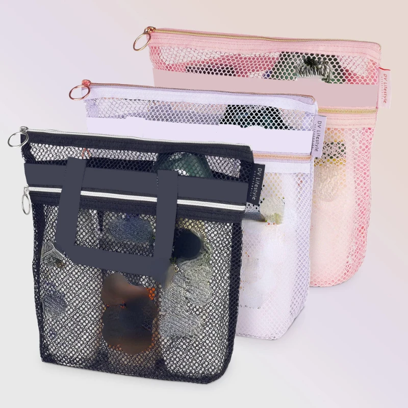 Portable Shower Tote Transparent Mesh Cosmetic Bag Organizer Travel Toiletry Bag Mesh Beach Bag 3 Colors