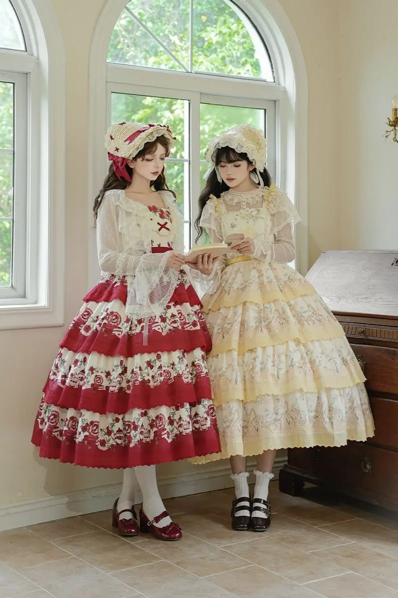 

women Lolita long skirt cospaly costume cute Pastoral Print Embroidery suspender dress Lace Princess Dress