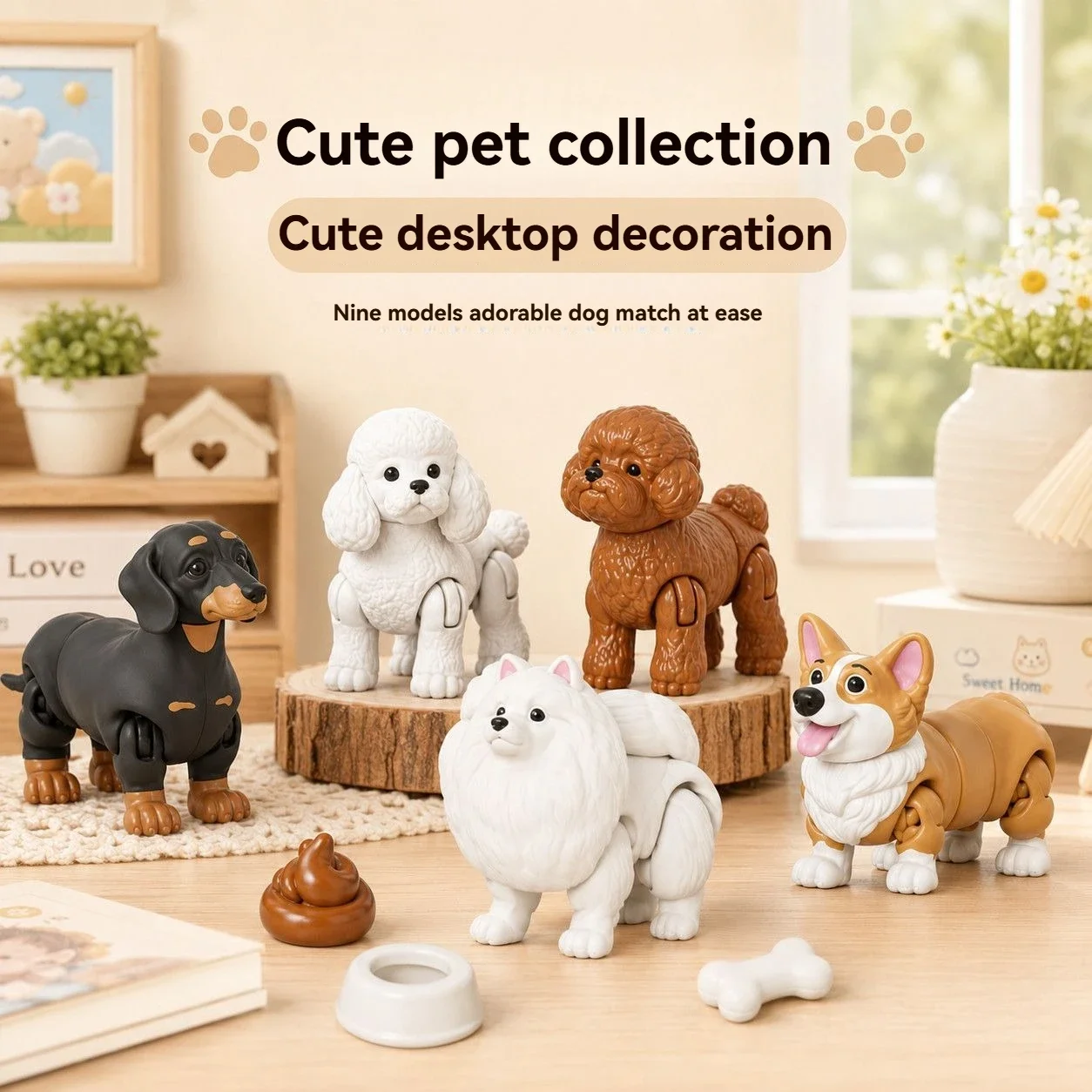 3d Printed Cute Puppy+Poop+Dog Basin Set for Desk Living Room Decoration Home Accessories Figure
