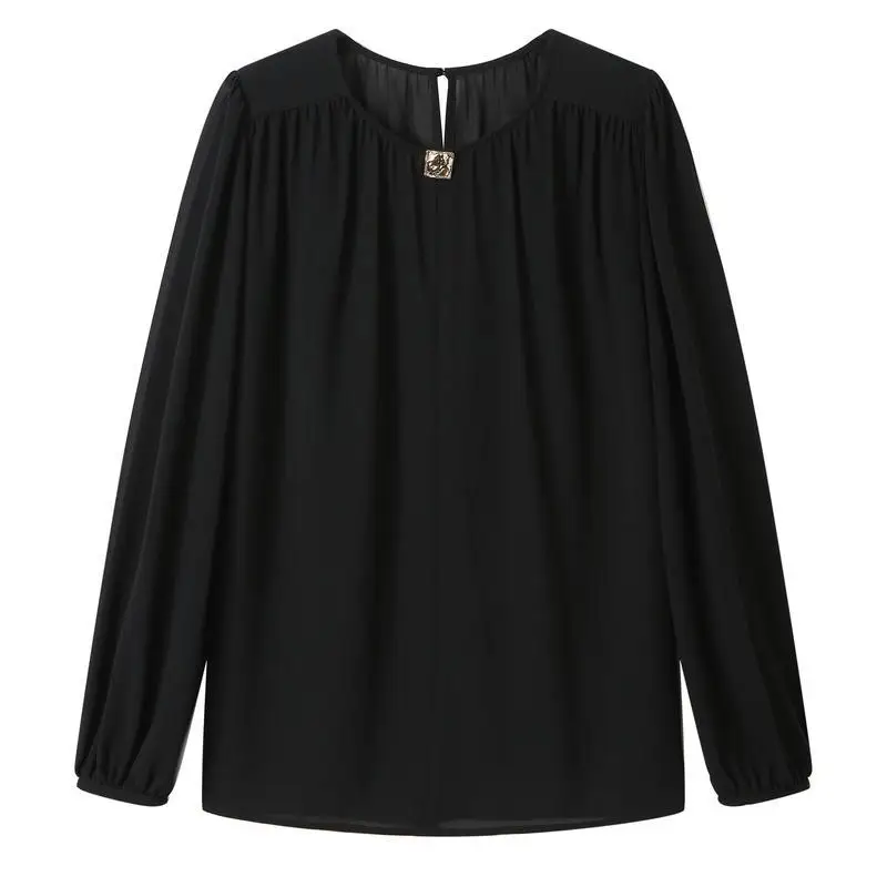 Spring and Autumn Women's Pullover Round Neck Solid Diamonds Loose Fit Long Sleeve Chiffon Shirt Fashion Elegant Commuter Tops