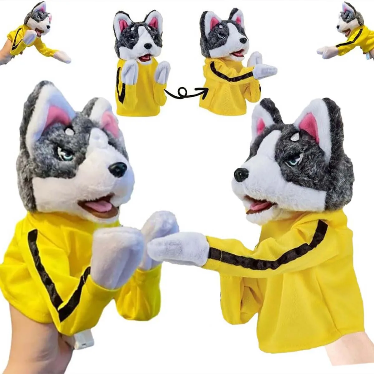 Husky Boxing Interaktives Plüschtier, Kung-Fu-Hund mit Sound, Boxspielzeug, Plüschpuppe mit Sound, Interaktive Boxhund-Handpuppe
