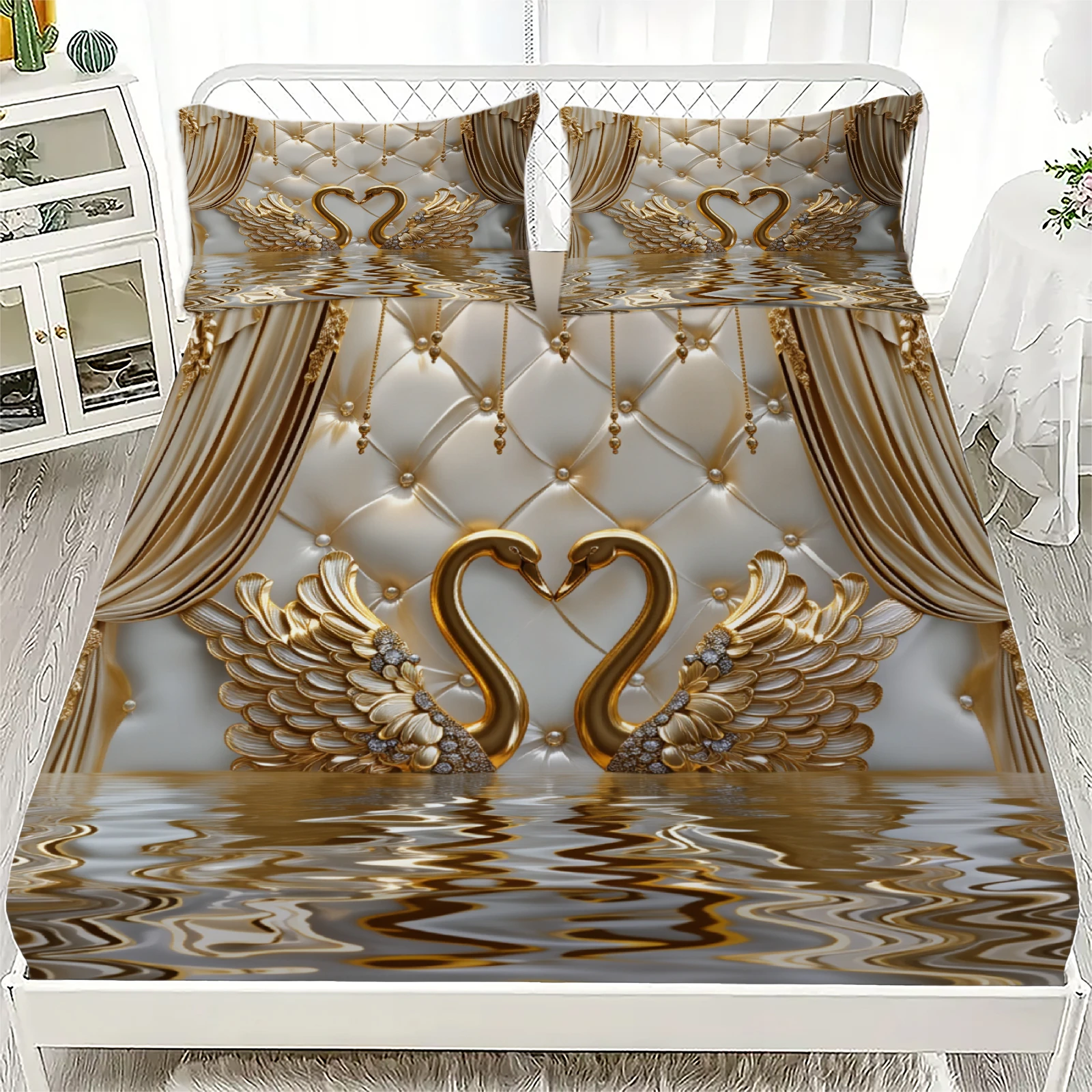 3pcs Gold Swan Couple Fitted Sheet 3D Printed Elegant Style For Couples Flat Sheet With 2 Pillowcases Bedroom Decoration