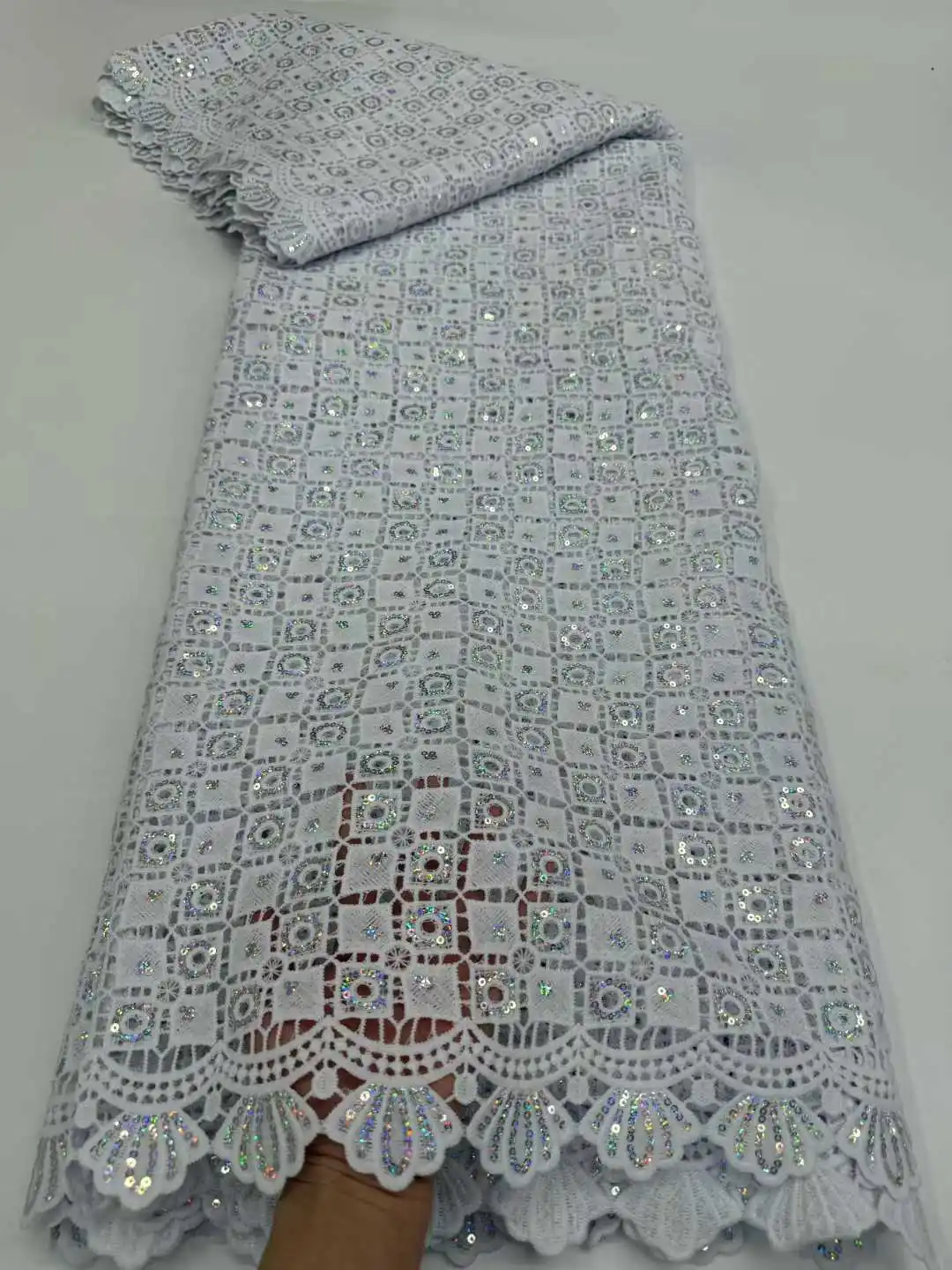 

White African Guipure Cord Lace Fabric with Sequins 2026 High Quality Nigerian Guipure Cord Lace for Sewing Wedding Dress