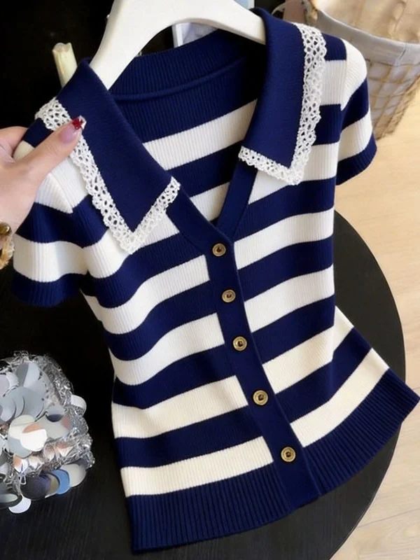 

Summer 2026 Fashionable Women's T-Shirt Short Sleeve Turn-down Collar Lace Trim Striped Knitted Slimming Casual Style Top