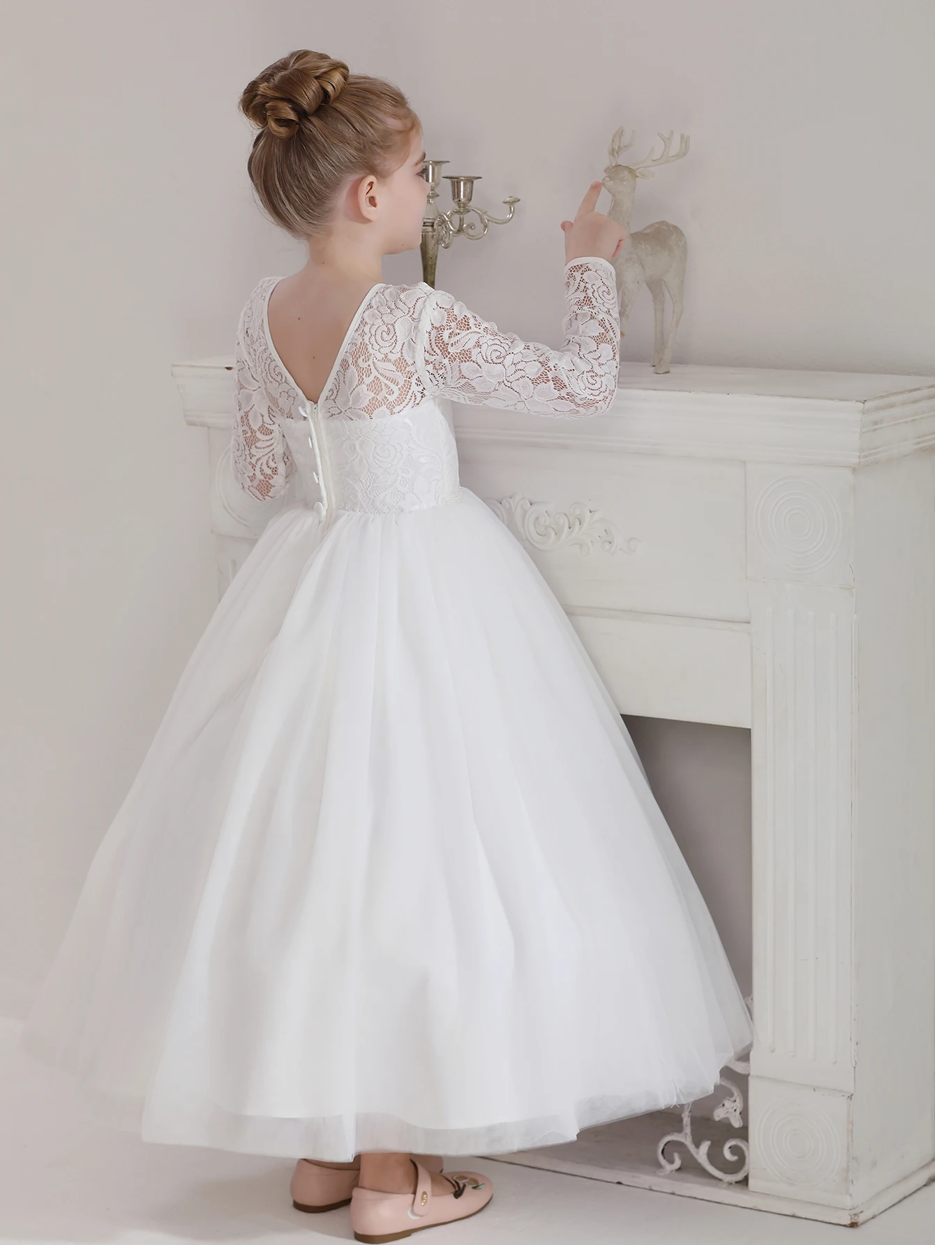 Girls\' Teenage Long Sleeve Lace Dress Wedding White Bridesmaid Evening Gown Long Dress