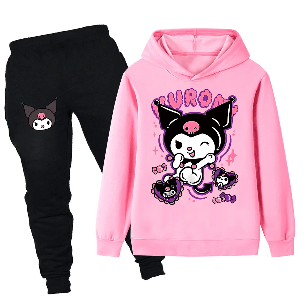 

Children's Sanrio playful Kuromi print autumn and winter girls casual fashion sweatshirt + pants two-piece outdoor sports suit
