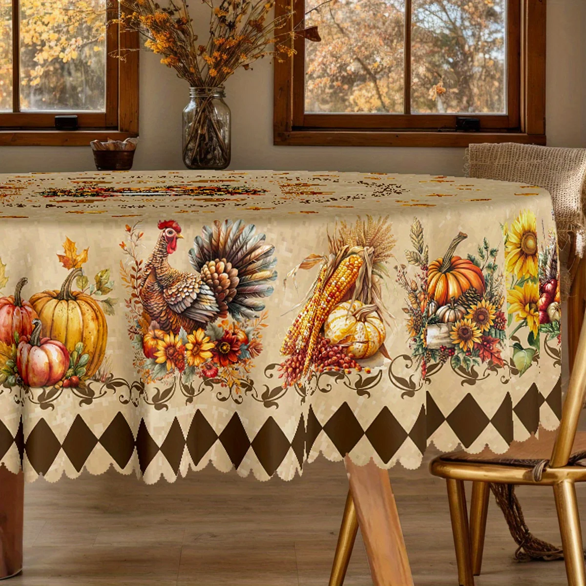 One round polyester tablecloth - Harvest Thanksgiving Checkered Turkey Pumpkin Corn Maple Leaf,kdj