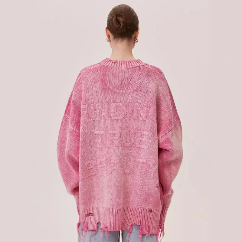 European American Vintage Laid-back Tattered Style Pullovers in Autumn Winter Loose Jacquard Casual Knitted Sweater for Women