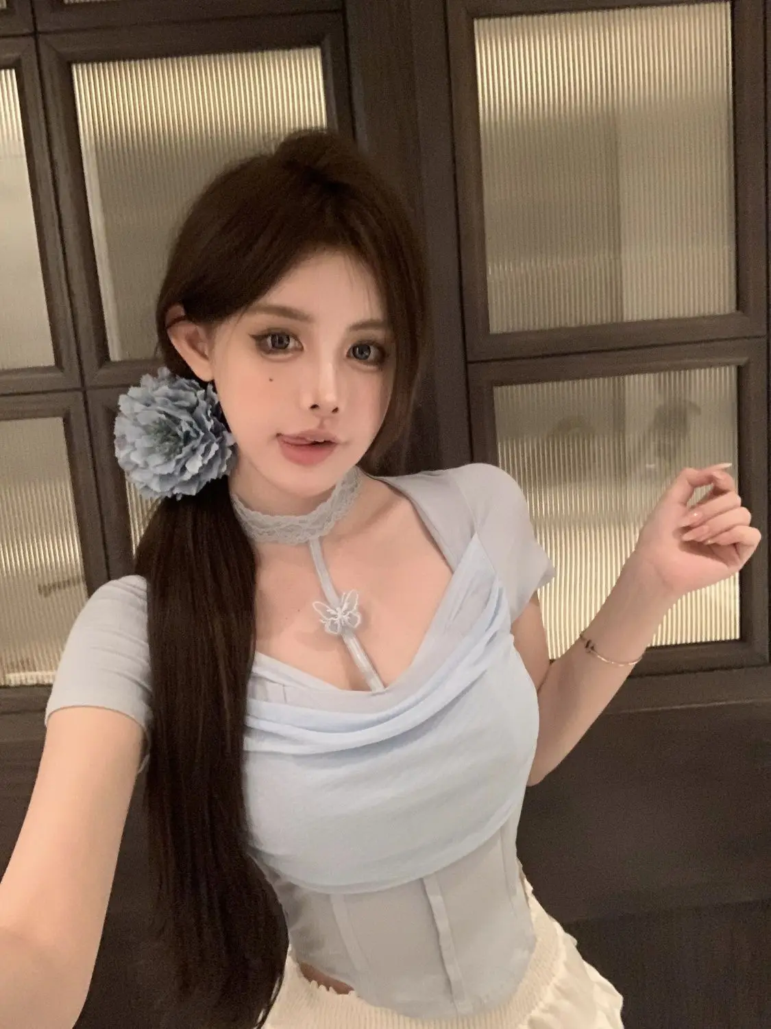 French Short Sleeve With Neck Hanging Sexy Mature Lace Bow Design Short-Sleeved T-Shirt Female Summer Sweet Spicy Thin