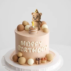 Blowing Candles Bear Cake Topper Beige Brown Balls Gift Boxes for Kids Happy Birthday Cake Decoration Ins Style Baby Shower