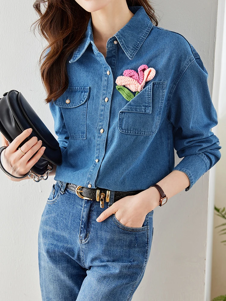 Turn-down Collar Single-breasted Loose Denim Shirts For Women 2024 Autumn Vintage Casual Shirts Fashion Hooked Flower Tops