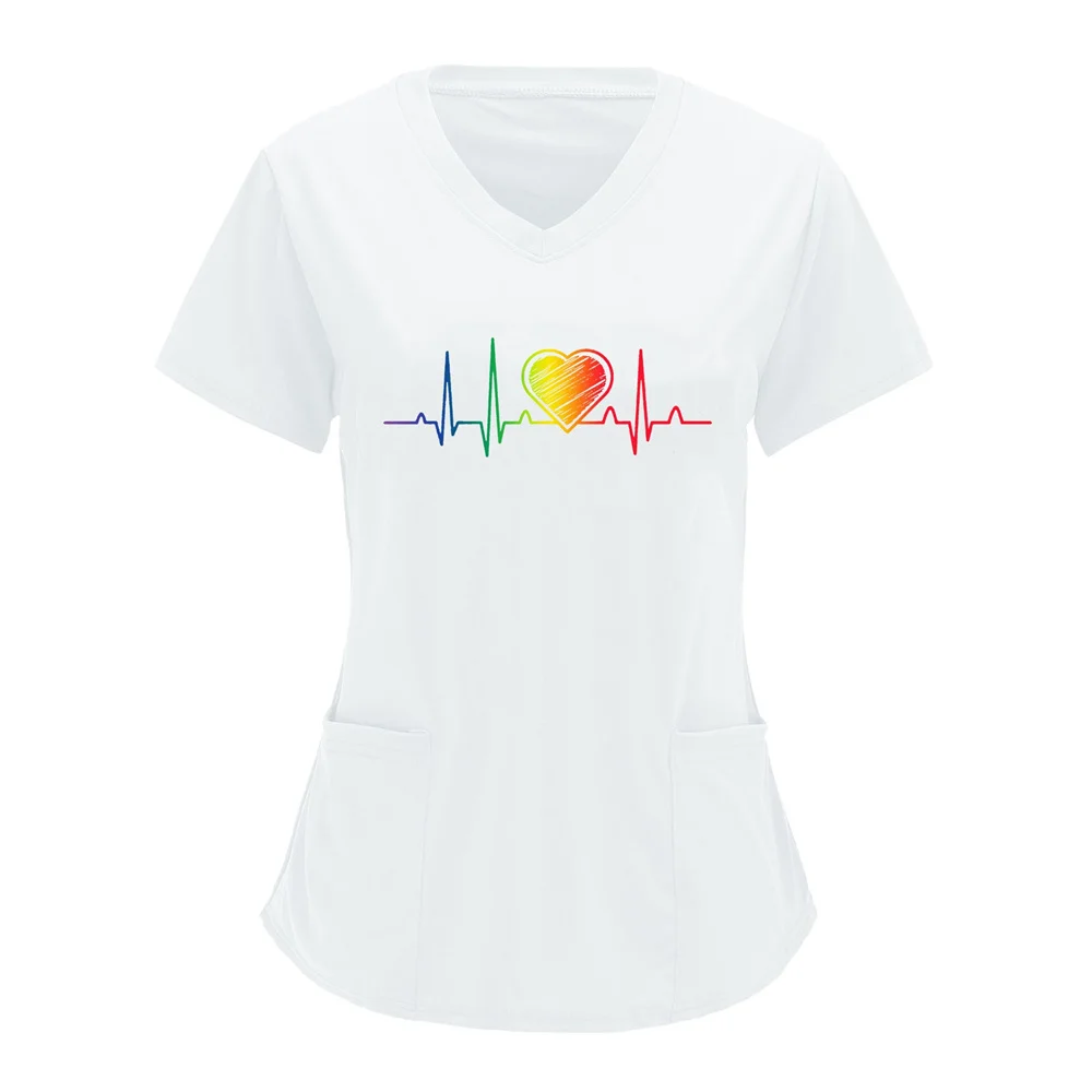 Camiseta para mujer, uniforme de trabajo con estampado de bolsillo, uniforme de enfermera para el cuidado de mascotas, ropa de Hospital sólido corto de manga para Spa, Tops exfoliantes con cuello en V