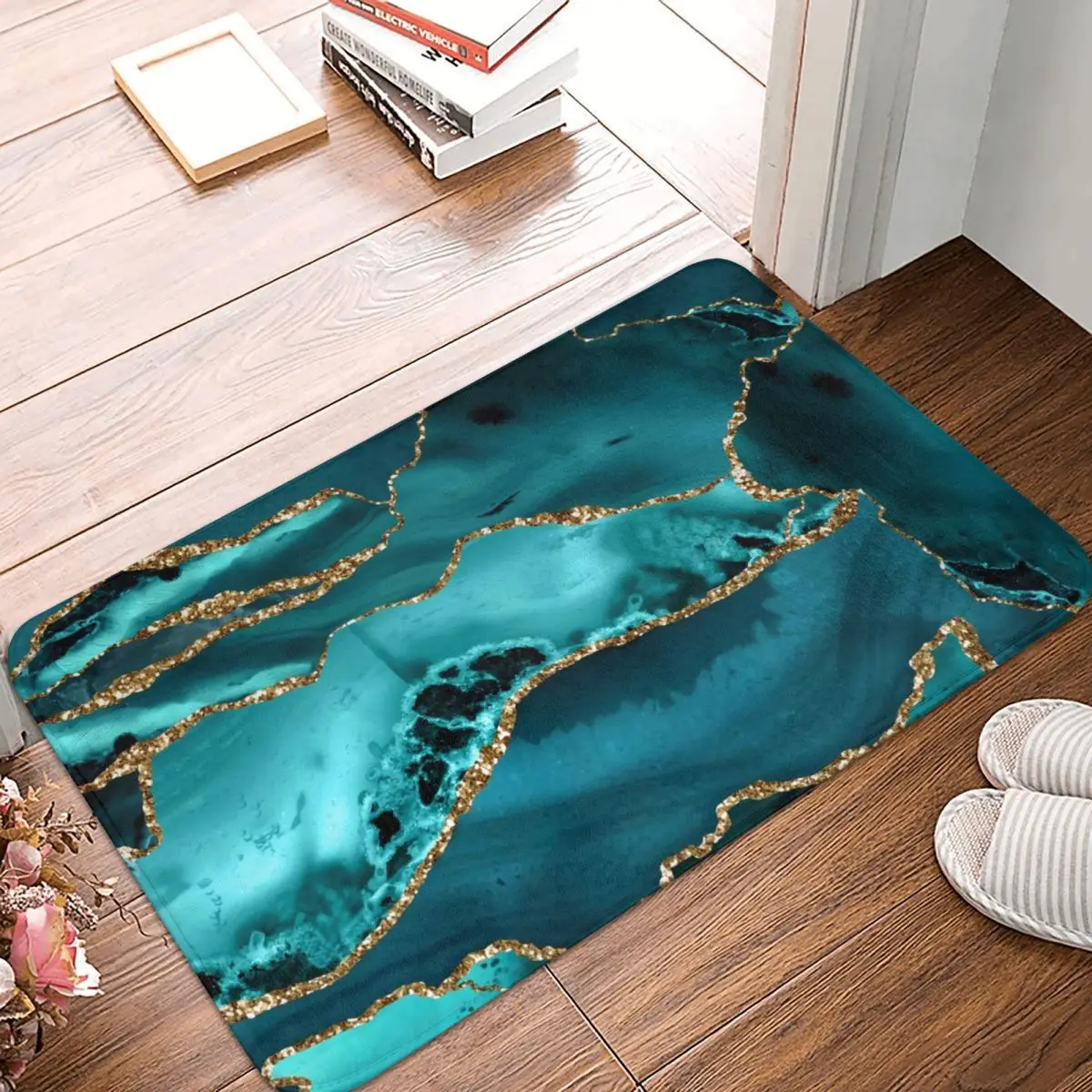 Teal Blue Marble Foot Mat Kitchen Shower Door Gold Glitter Bath Mat Vintage Bathroom Accessories Protective Non-slip Toilet Mat