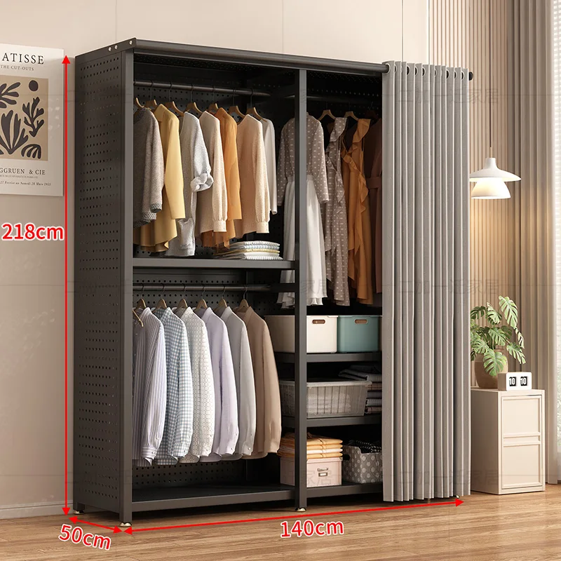 Modular Pegboard Metal Wardrobe With Dustproof Curtain Open Closet For Home & Rentals Adjustable & Eco-Friendly Furniture