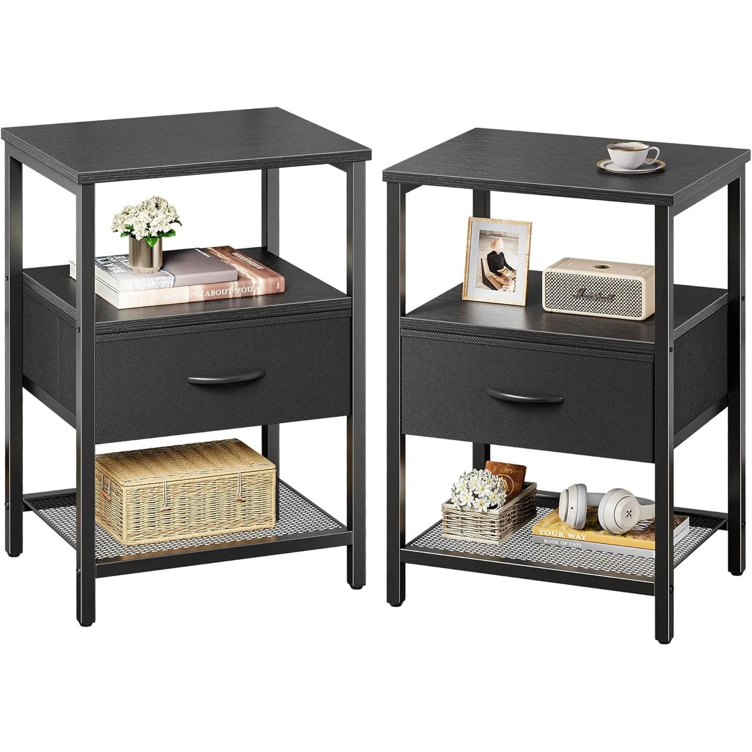 

Nightstand Set of 2, Night Stand with Fabric Drawer, Mesh Shelf, Side Table with Storage, Fabric Drawer Dresser, Open Shelf,