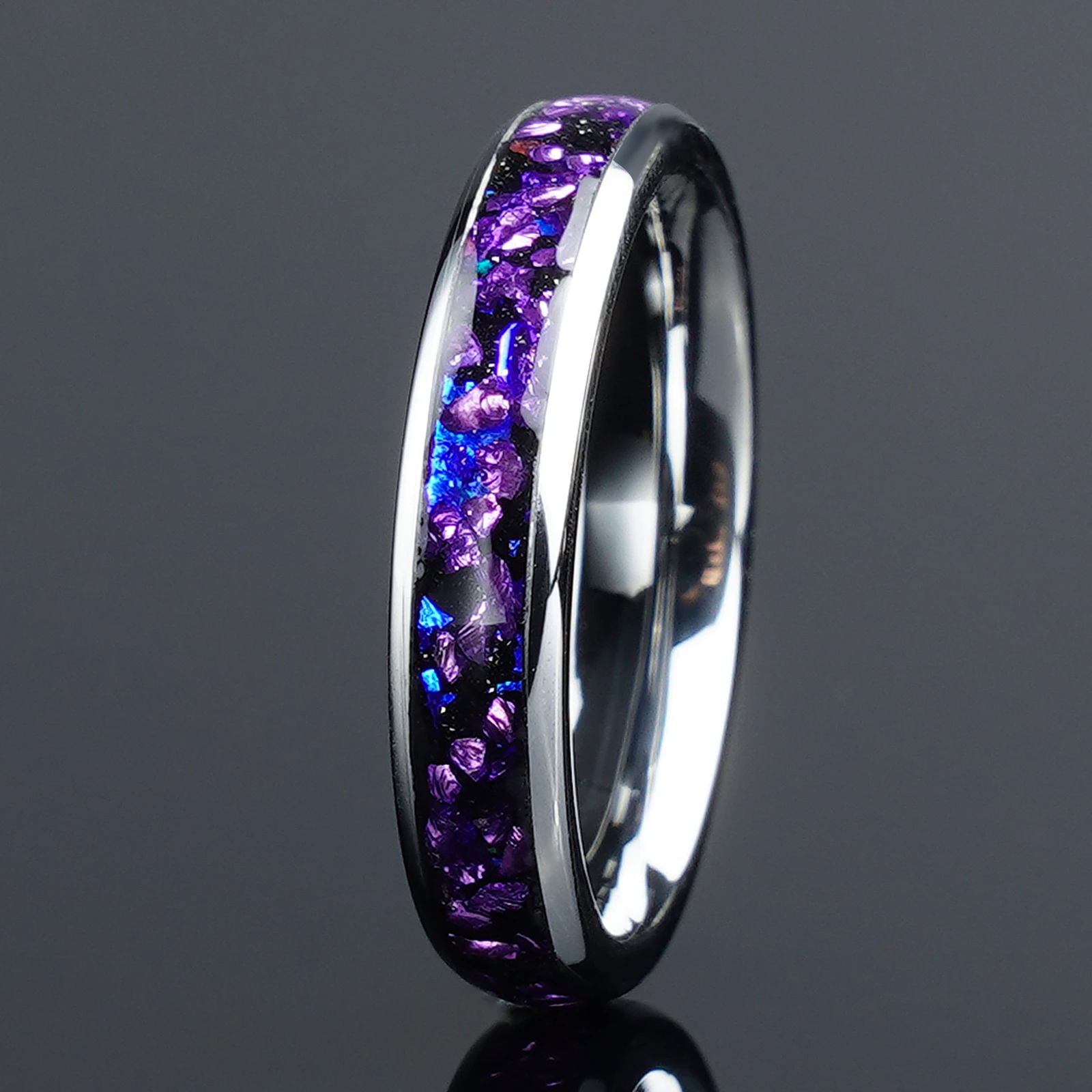 4/8mm Nebula Amethyst Silver Couple set Tungsten Ring, Wedding Engagement Band For Him And Her