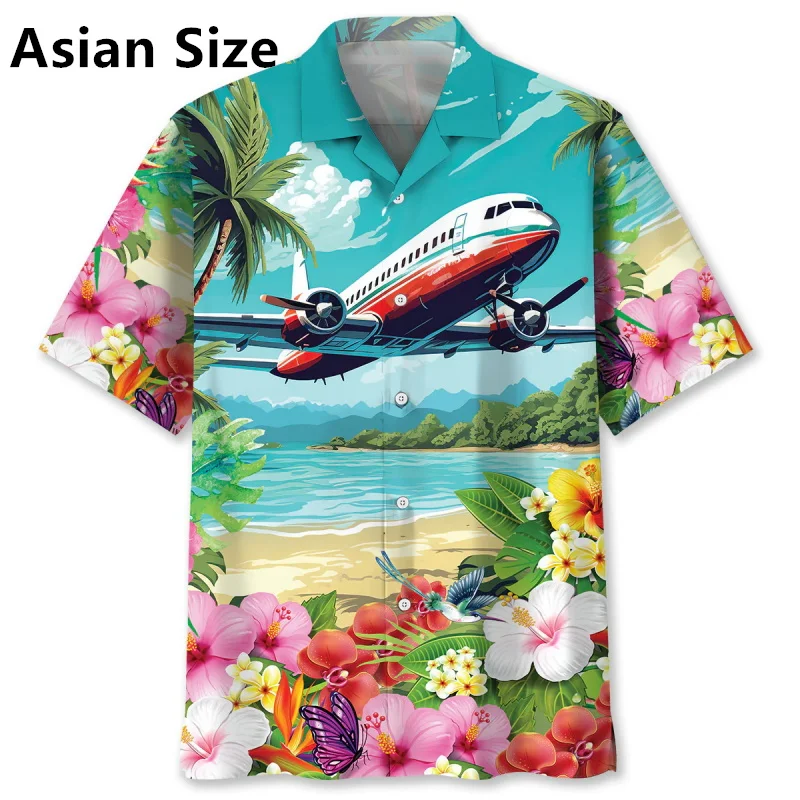 Full Print Airplane Pattern Hawaiian Shirt For Men Summer Short Sleeve Button Up Vacation Shirts Tops Men's Casual Beach Shirt