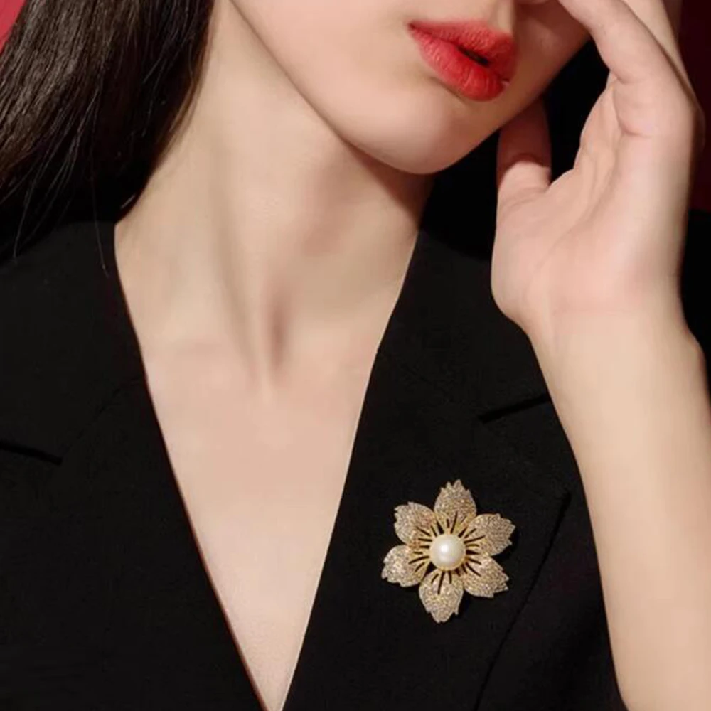 Elegant Temperament Bauhinia Brooch Suit Pearl Women\'s Corsage Flower Button Cardigan Accessories Pin