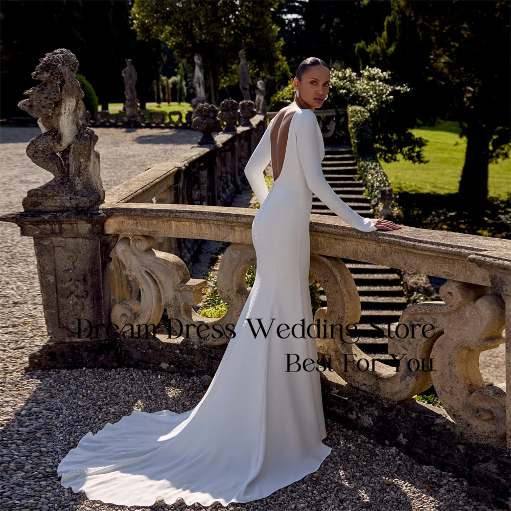 DREAM Simple Long Sleeve Mermaid Wedding Dress Women Boat-Neck Pleat Open Back Buttons Sweep Train Vestidos De Noiva Customized