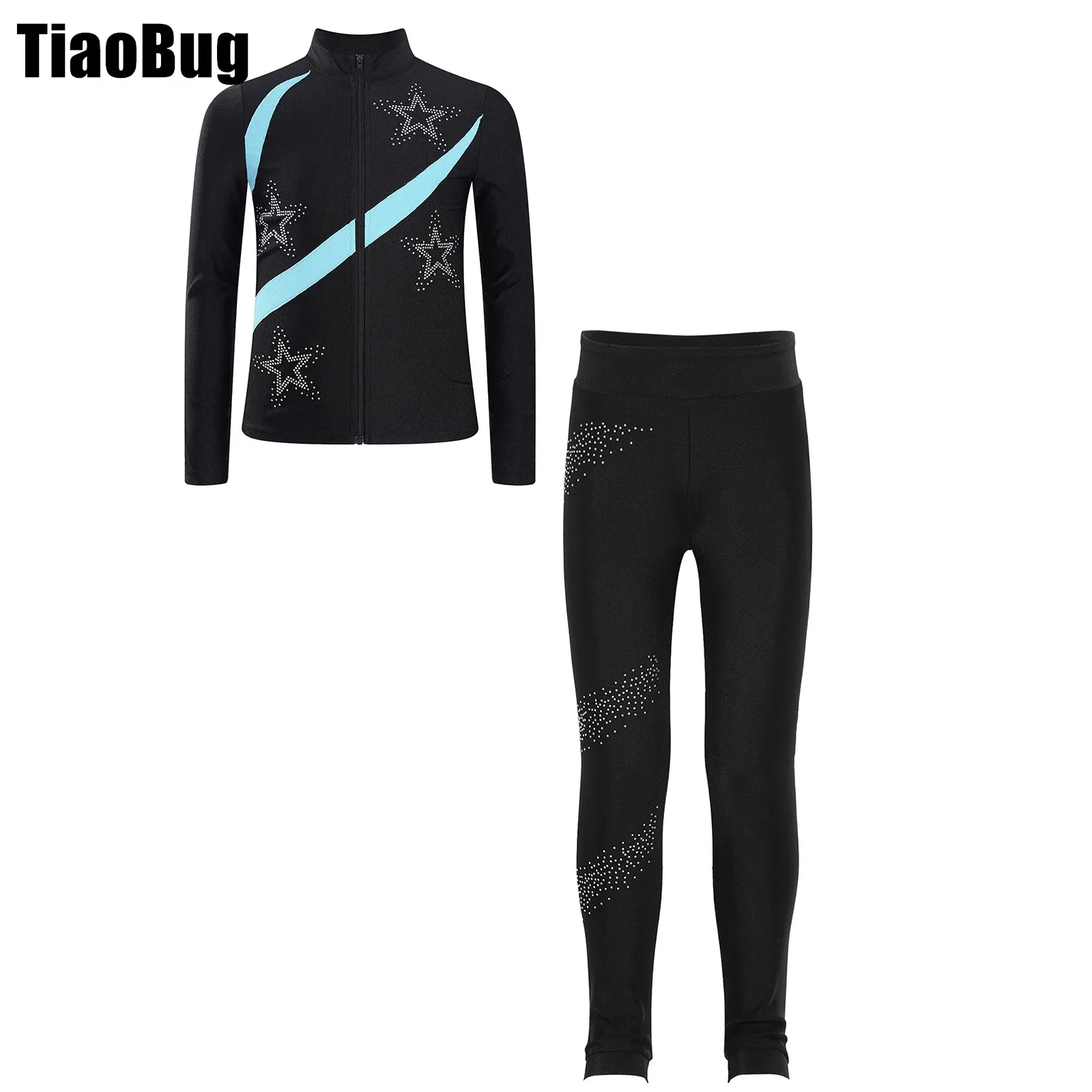 

Kids Girls Figure Skating Sports Sets Shiny Star Top Contrast Color Long Sleeve Stand Collar Zipper Sweatshirt with Leggings