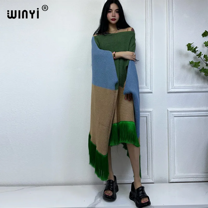 WINYI winter Comfort Warm Fringed dress with contrast design dress Elegant Africa Women party winter clothes for women kaftan